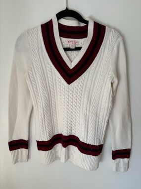 Brooks Brothers White Cable-Knit V-Neck Sweater with Burgundy and Navy Trim